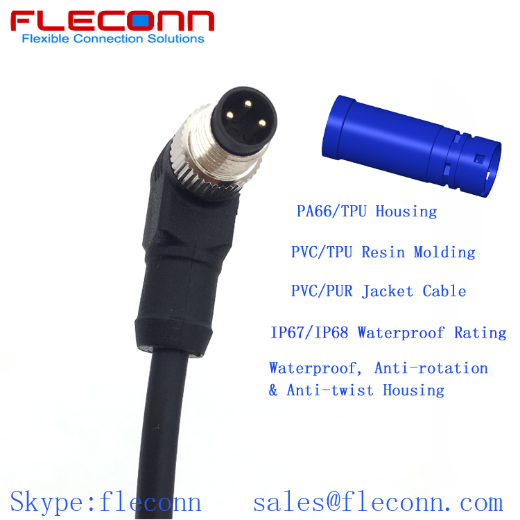 M8 3 Pin 90 Degree Angle Overmoulded Male Connector Cable