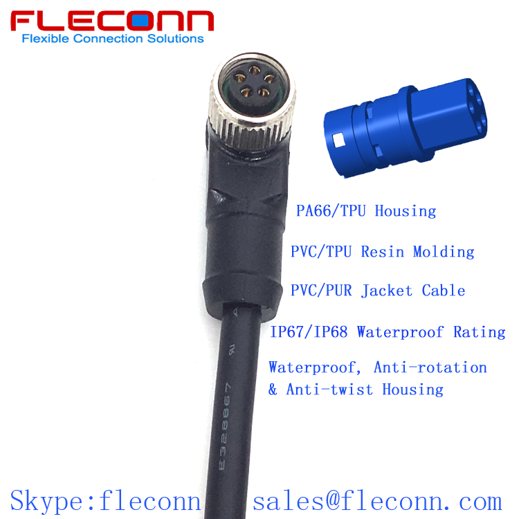 M8 B-coded 5 Pole Female Right Angle Connector Cable, IP68 Waterproof Class
